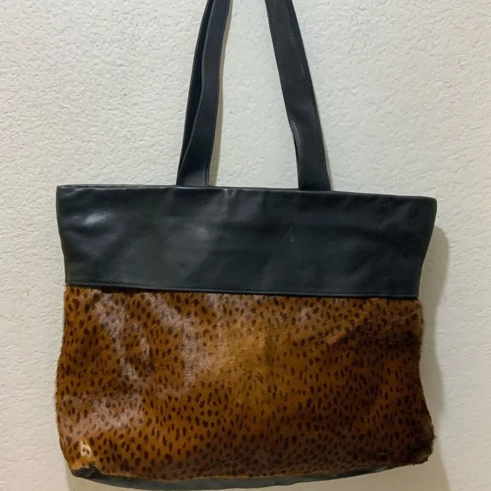 Vtg Viva Bags of California Animal Printed Hair Leather Tote Purse top zip
